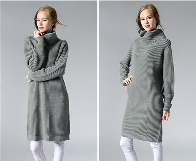 Hoffen nieuwkomers vrouwen lange trui jurk coltrui knielange losse winter gebreide jurken solid party vestidos kerst: Grijs