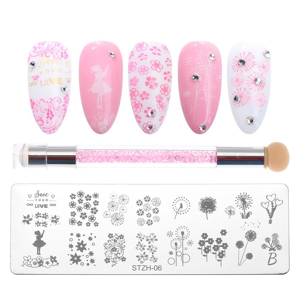 1 Set Geometrie Dieren Nail Designs DIY Nail Art Stamp Stempelen Template Bloem Manicure Image Plaat Stencil Met Spong pen: STZH-06