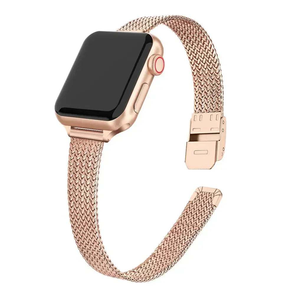 Slanke armband metalen band voor Apple Watch 9 8 7 6 SE 5 4 3 41 45 49MM Ultra roestvrijstalen Milanese band voor iwatch 10 42 46MM: XXL / Rose Gold