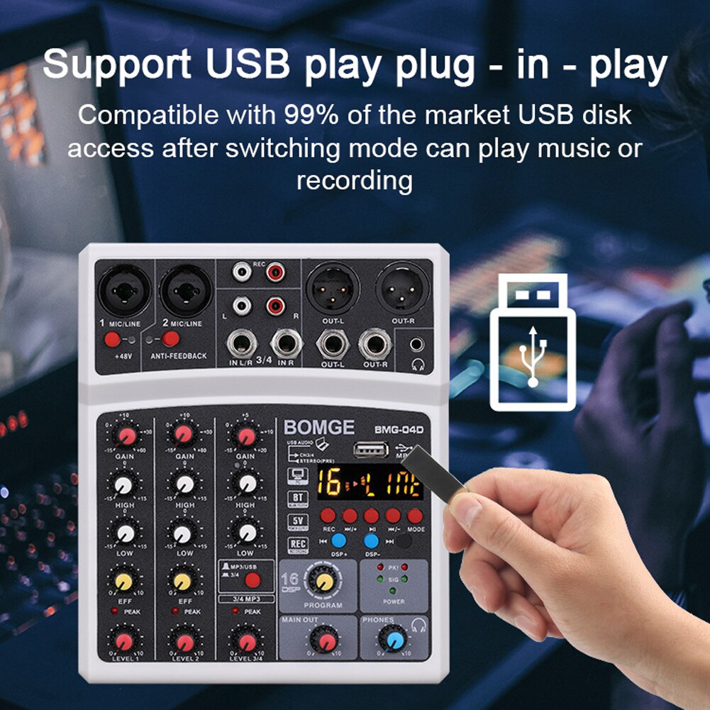 Professionele 4 Kanalen Bt Audio Sound Mixer Multifunctionele Mengen Dj Console Usb 16 Dsp Effecten Mixer Elektrische Muziek Apparatuur