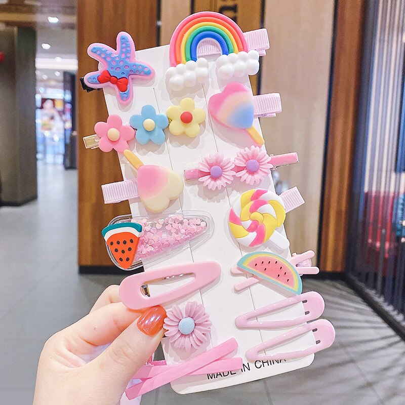 Baby Hair Accessories Fruit Barrettes Carton Suit Bang Clip Girl's Hairpin Clip: 05  purple starfish Rainbow  bag without card