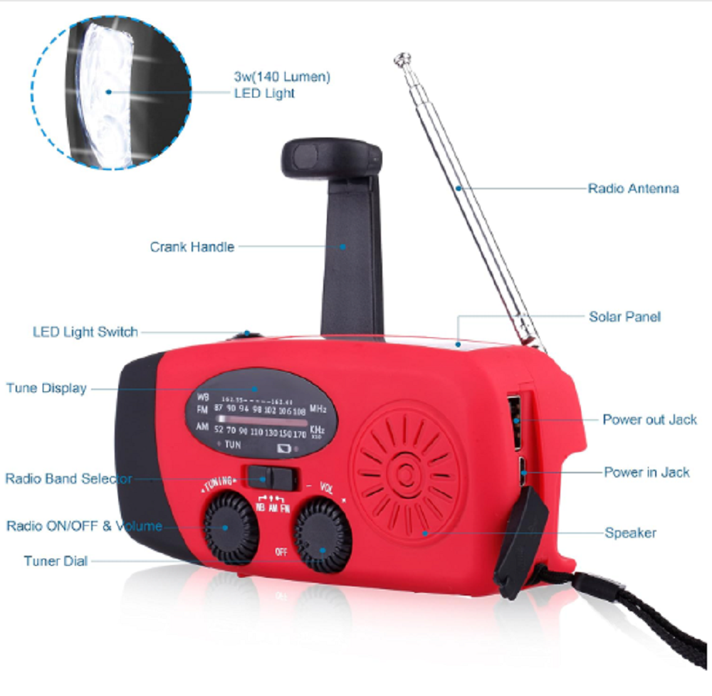 Emergency Solar Hand Crank Solar Radio with LED Flashlight for camp, AM/FM Portable Radio 2000mAh power bank Charging light