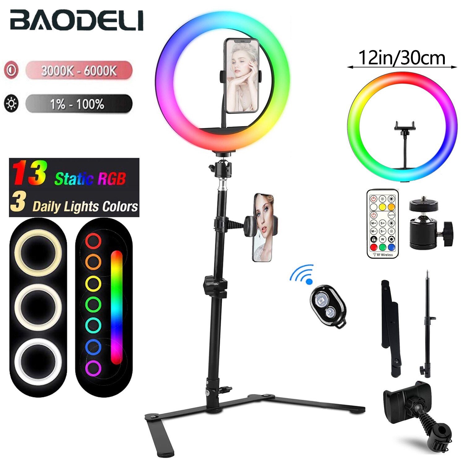 Anneau lumineux Led RGB avec trépied et support de téléphone, éclairage annulaire de Table pour Selfie, lampe de remplissage pour photographie, vidéo, vidéo, vidéo live: 12in with clips