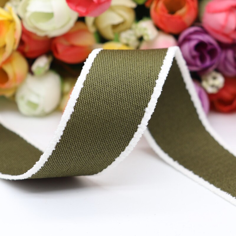 Cintas de grogrén de dos caras con borde de lana blanca, lazos para el pelo, materiales hechos a mano DIY, 10 yardas, Y19112902: Verde militar / 38MM