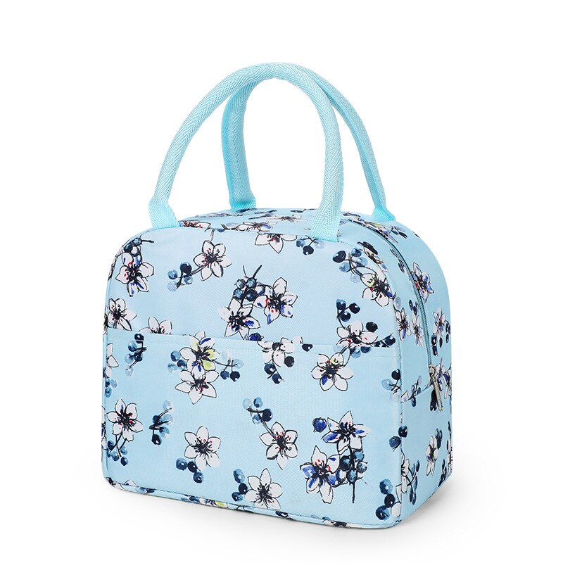 Animal Print Waterproof Nylon Portable Zipper Lunch Bag Women Student Lunch Box Thermo Bag Office School Picnic Cooler Bag Bolso: Blue White Flower