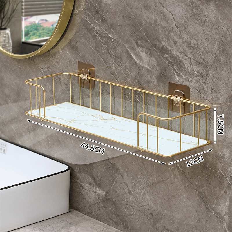 Luxuriöses Badezimmerregal ohne Bohren, Eisen-Wandregal mit Glasplatte Ich bin Marmor-Stil, machen-hoch-Aufbewahrungsregal, Badezimmer-Accessoires: Licht Gelb