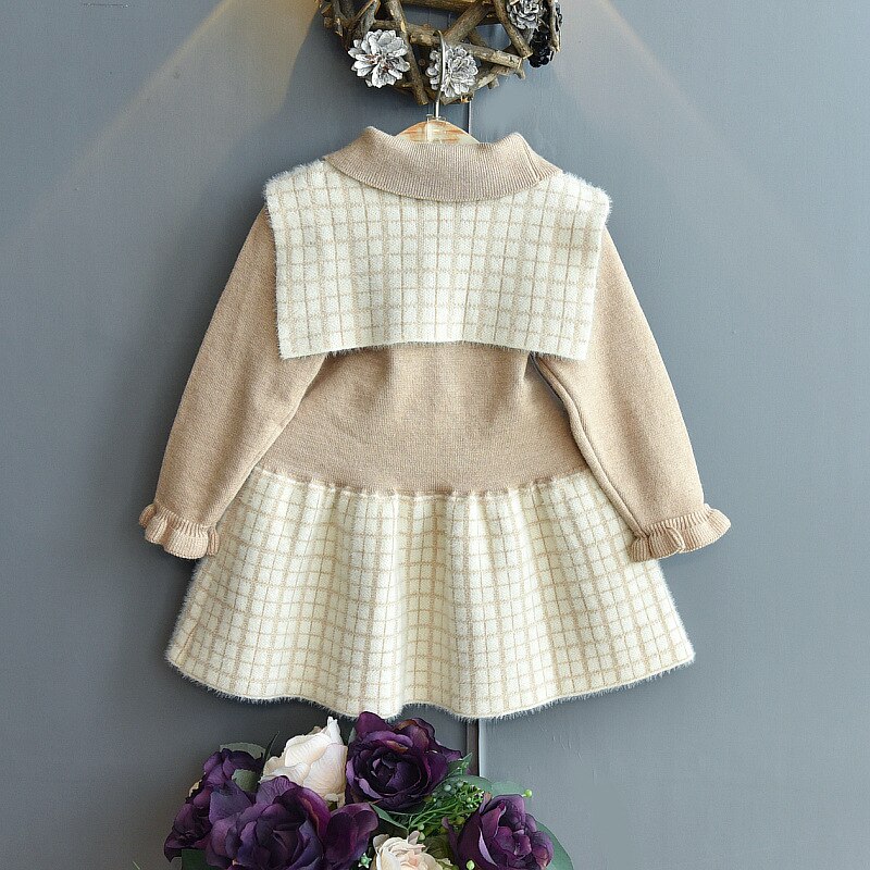 Meisjes Truien Jurk 2022 Herfst Winter College Stijl Gebreide Plaid Jurk Prinses Jurk Peuter Meisje Winter Kleding
