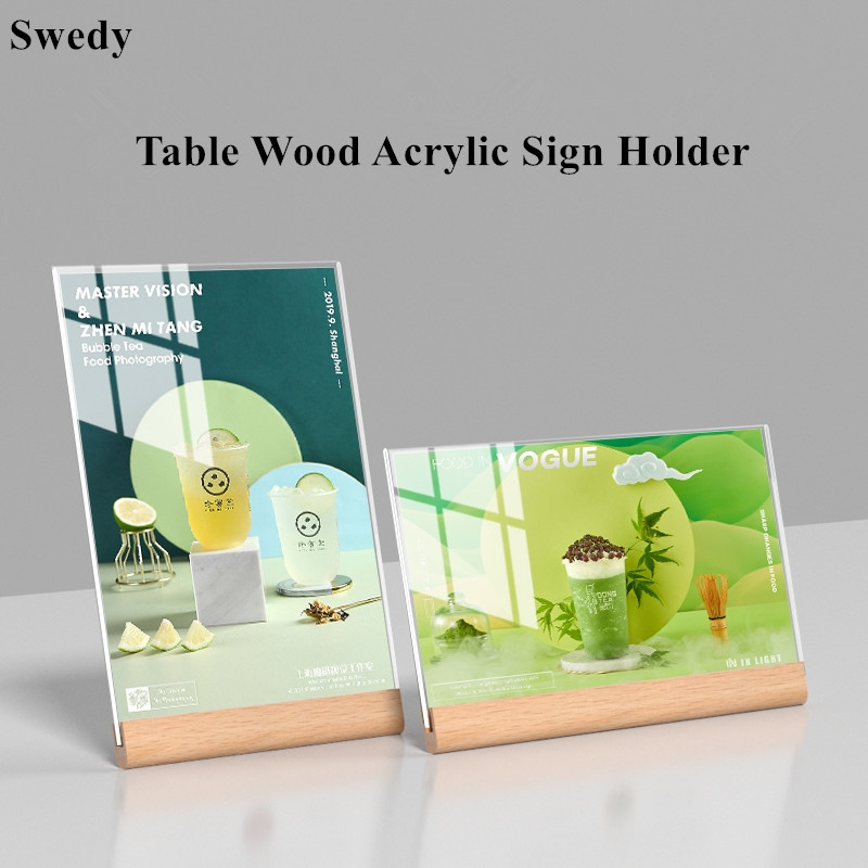 A5 148X210MM L Shape Wood Base Acrylic Sign Holder Stand Table Menu Paper Card Holder Photo Picture Frame