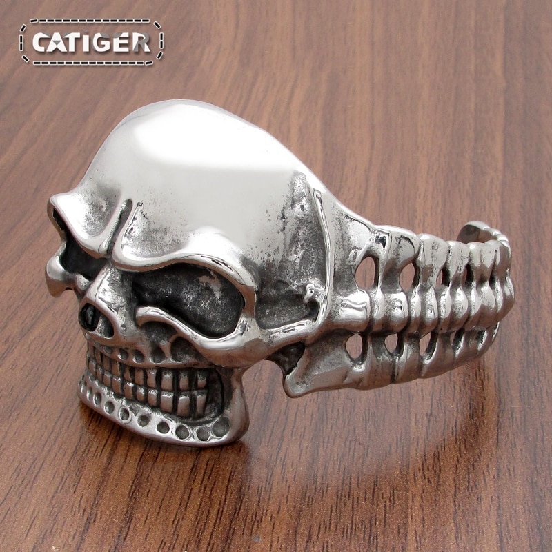 Punk argent couleur noir couleur 316L acier inoxydable gothique Vintage lourd gros crâne os manchette bracelet
