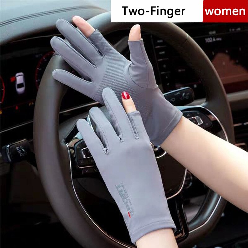 Sommer is silke halvfinger helhandsker kørsel cykling mænd elastisk uv-beskyttelse solcreme skridsikker kvinder to-finger handsker: To-kvinde-grå