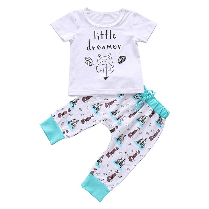 Pudcoco 0-2y sommar nyfödd bebis pojke flicka kläder set liten drömmare räv t-shirt toppar+byxor kläder kläder baby kläder set: 18m