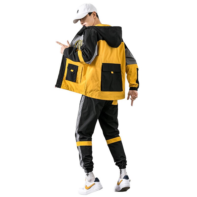 Heren Trainingspak Set Capuchon + Broek Werkkleding Grote Pocket Sportkleding 2 Delige Set Hiphop Patchwork Sport Pak voor Mannen Kleding