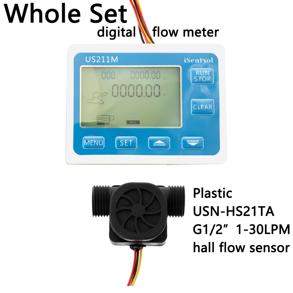 US211M Digital Flow Meter Totalizer Flow Measurement with Nylon Water Flow Sensor USN-HS21TA G1/2" Turbine Flowmeter iSentrol: Whole Set