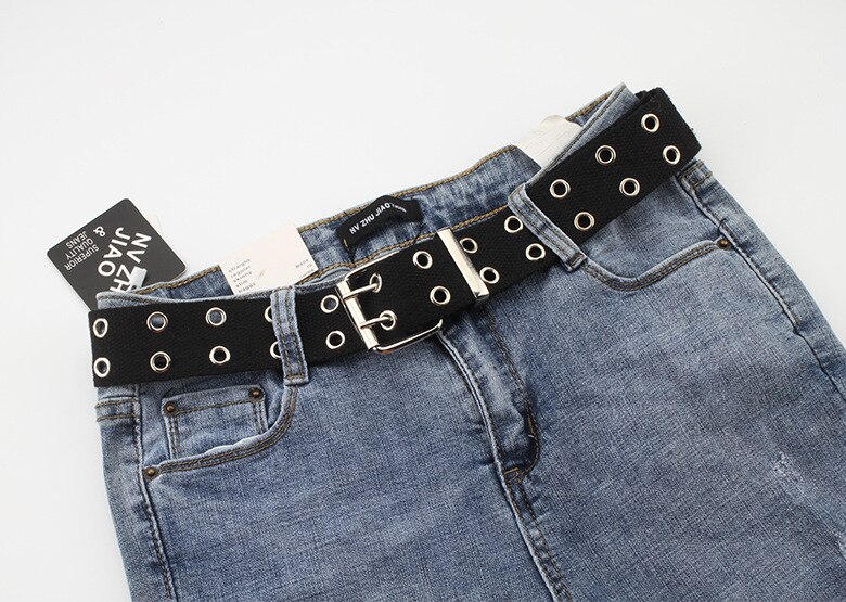 Dubbel genomföring hål spänne bälte brett canvas webbbälte kvinnlig manlig svart röd vit midjeband bälten för kvinnor män jeans: Svart