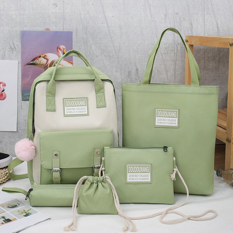 5 pièces/ensemble toile sac d'école pour adolescent filles étudiant femmes voyage école sacs à dos d'ordinateur portable femme livre sac: Vert armée