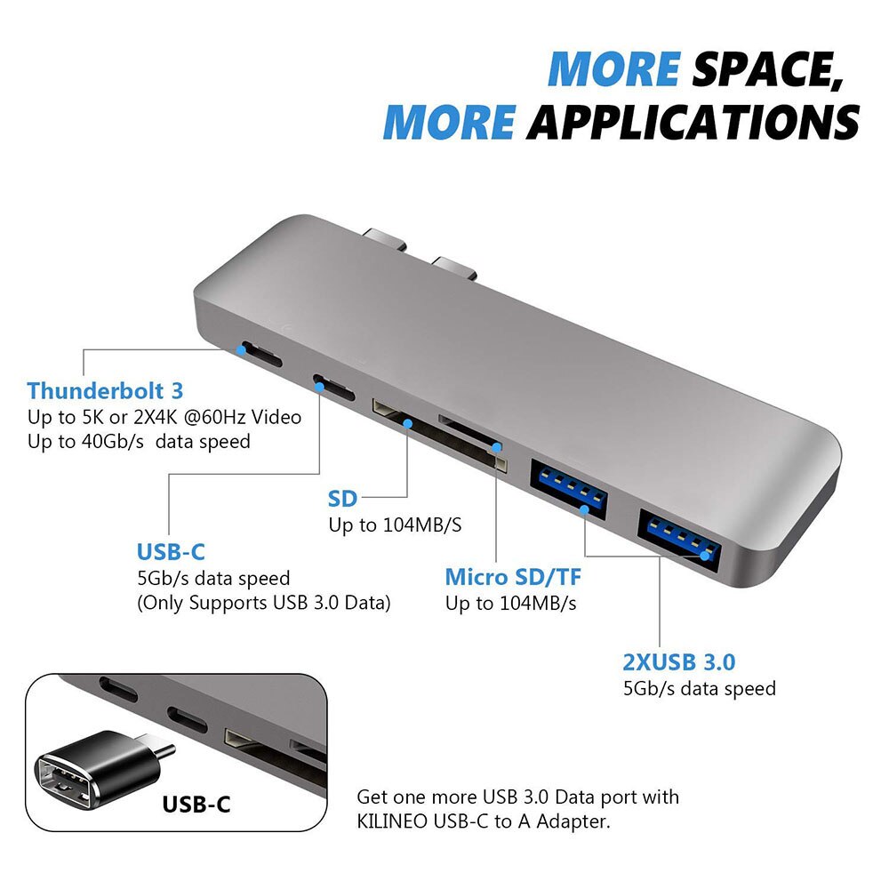 6 In 1 Aluminium Usb C Hub Usb Type C Hub Adapter Dongle Compatibel Voor Macbook Pro 13 "15" Thunderbolt 3 USB-C Data