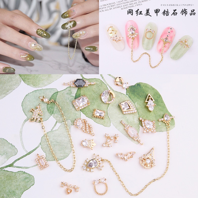Bijoux d'ongle rouge avec zircon et chaîne, décoration autocollante avec diamant, licorne, , directement depuis l'usine,