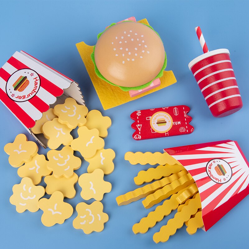 Wooden kids toy simulation hamburger fries set juicer coffee machine playhouse simulation real life kitchen utensils game toys