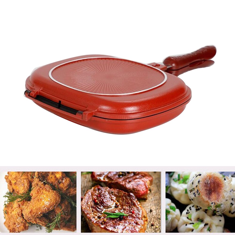 Non-stick Double-sided Frying Pan No Oil Splash Less Smoky Smell Wok Portable Double Sided Steak Frying Pan for Home Kitchen