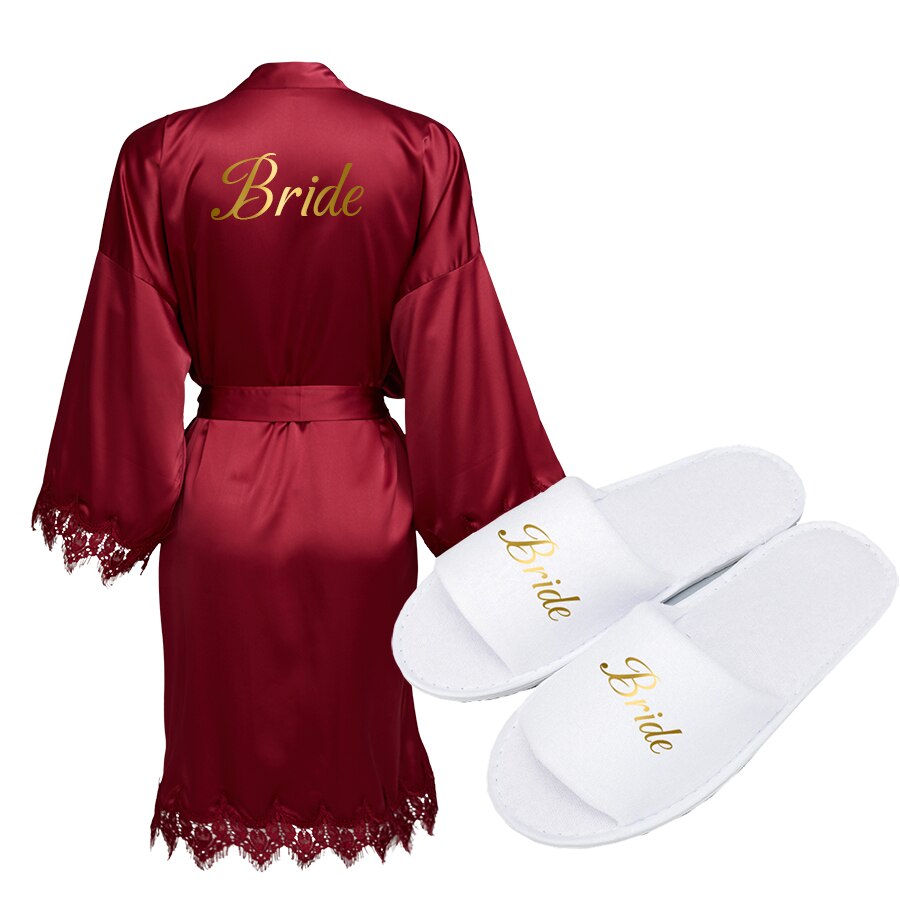 Batas de dama de honor de la novia, bata de seda satinada para boda, de , albornoz blanco: Burgundy with slippe / one size XL