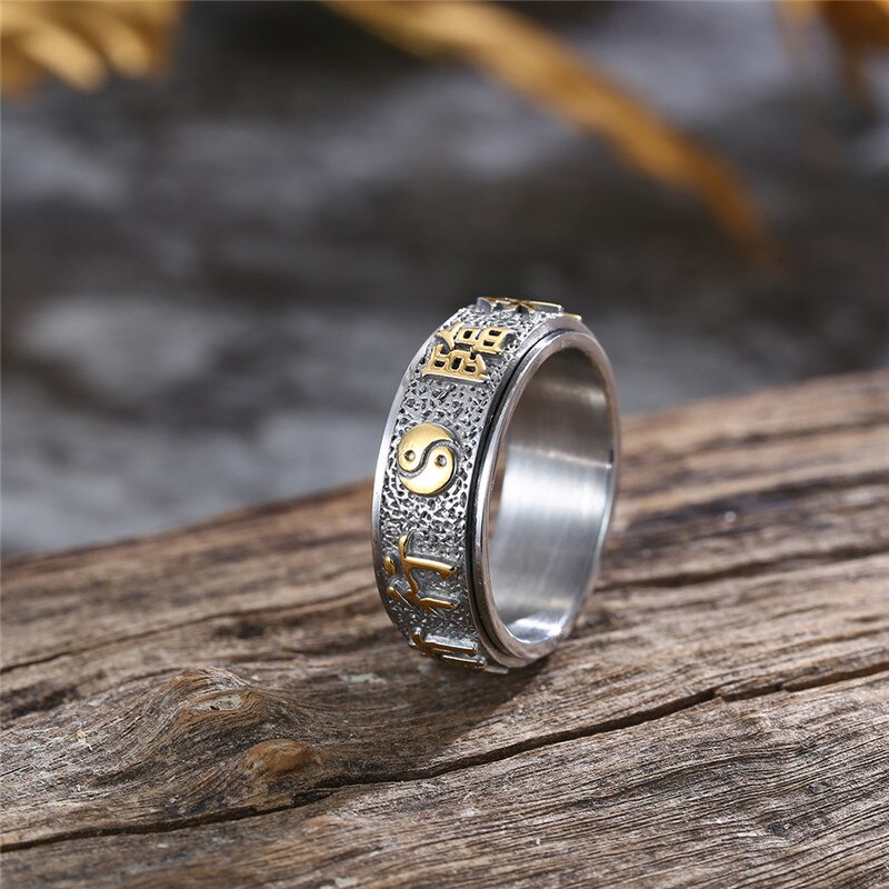 Held og lykke ring mænd kinesisk element taoist ringe vintage titanium stål punk mænd ringe drejelige kinesiske tegn smykker
