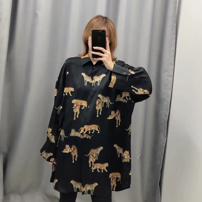 Kvinnor vintage djurtryck avslappnad lös kimono blus skjortor kvinnor vilda chic chemise blusas varumärke femininas toppar  ls6080