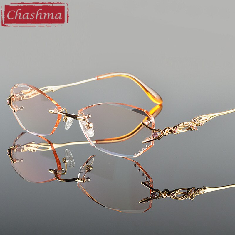 Chashma Luxury Tint Lenses Myopia Glasses Reading Glasses Diamond Cutting Rimless Prescription Glasses for Women: Gold