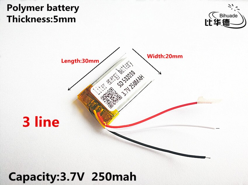 10 stks/partij 3 lijn Goede Qulity 3.7 V, 250 mAH, 502030 Polymeer lithium-ion/Li-Ion batterij voor SPEELGOED, POWER BANK, GPS, mp3, mp4