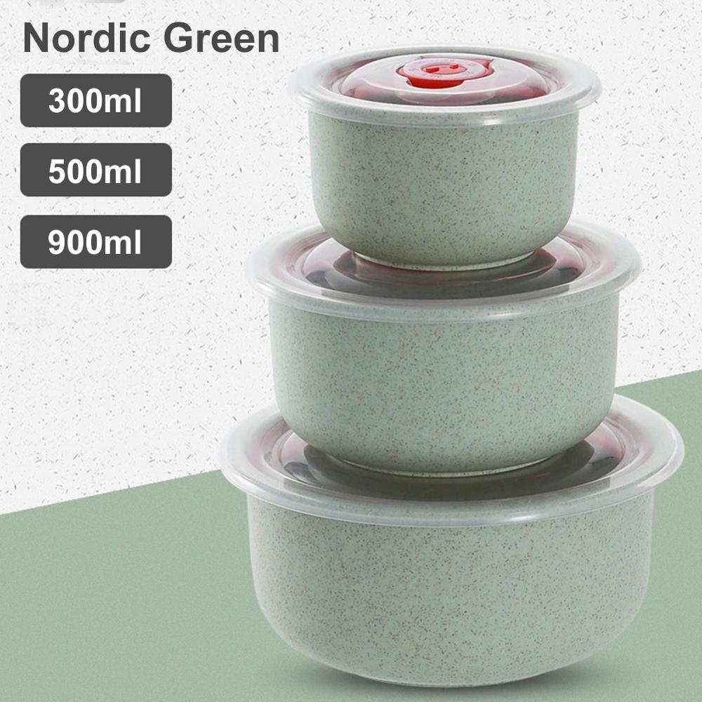 3pcs 300/500/900ml Wheat Straw Food Storage Containers with Lid Microwave Safe Cereal thickening Bowl With silicone seal: Green