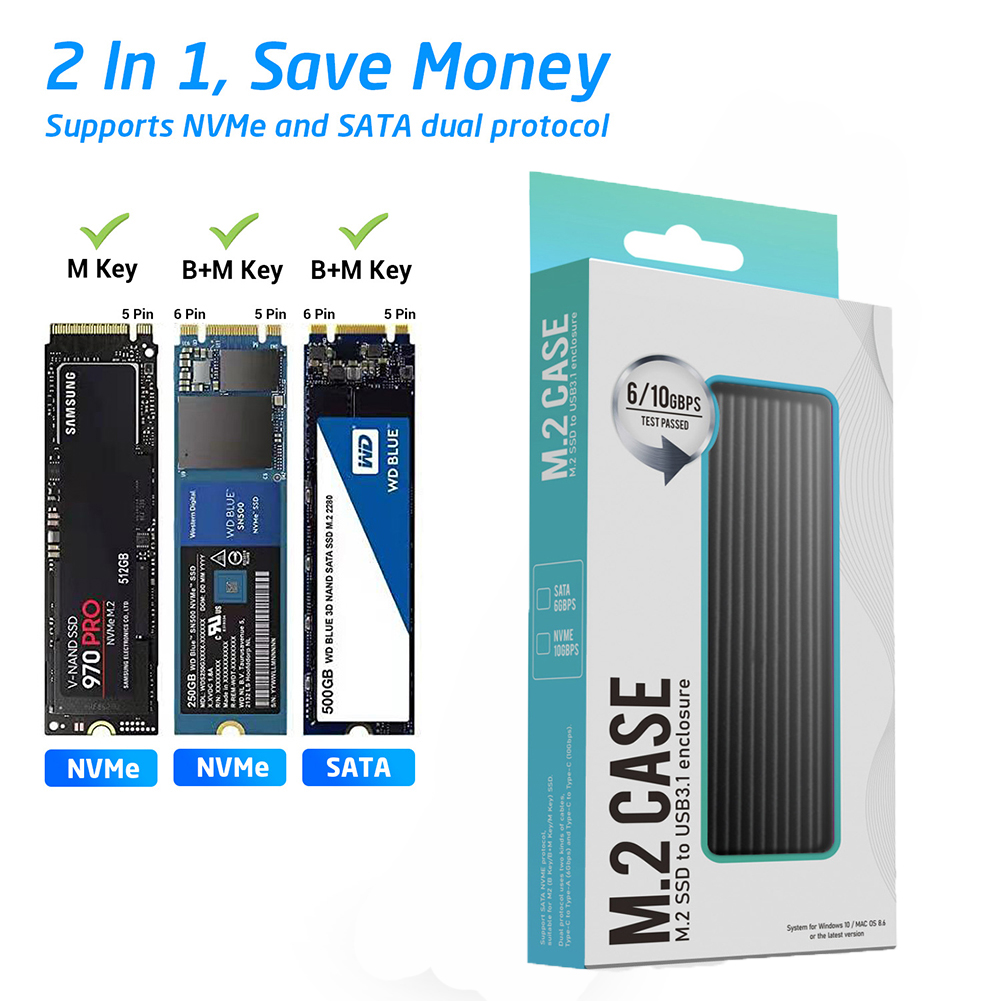 M.2 NVMe SATA SSD Enclosure Reader,10Gbps USB C 3.1 Gen2 NVMe External Enclosure Supports M key B&M Key 2230/2242/2260/2280 SSD