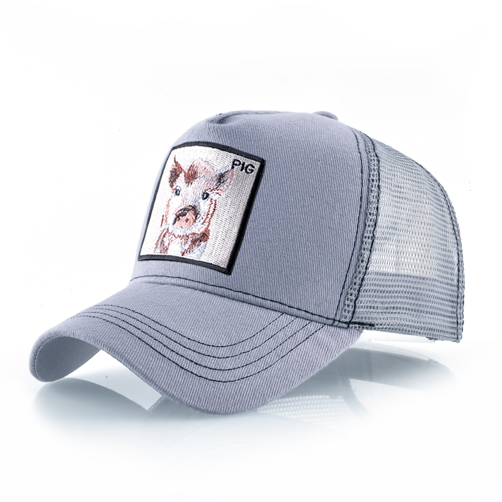 Casquette de Baseball à motif de cochon brodé pour hommes et femmes, chapeau d'été en maille, style Hip Hop, visière de camionneur: GRIS