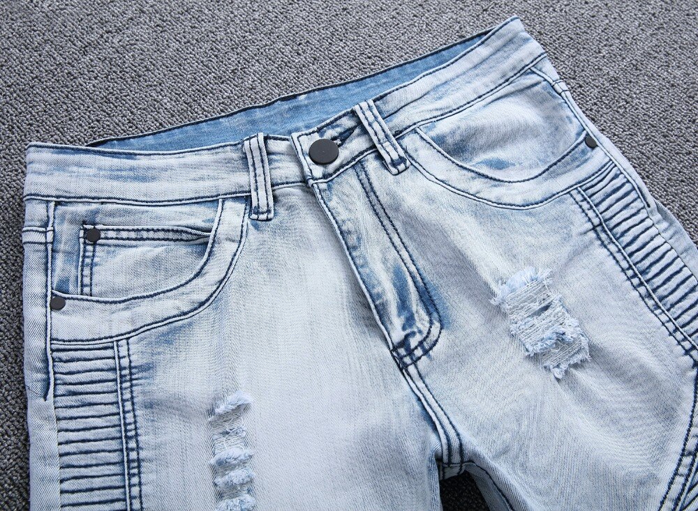 Mens Ripped Biker Jeans 100% Cotton Slim Fit Motorcycle Jeans Men's Skinny Hole Denim Joggers Pants