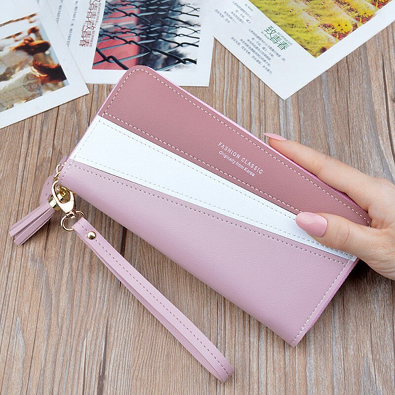 SHUJIN Geometric Women Wallets with Zipper Pink Phone Pocket Card Holder Patchwork Long Wallet Lady Tassel Short Coin Purse: C