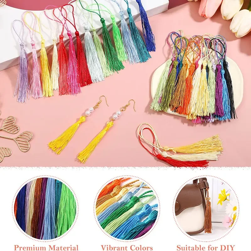 100 Uds. Borlas para marcapáginas, borlas artesanales suaves hechas a mano sedosas con bucles para manualidades DIY, marcapáginas para hacer joyas