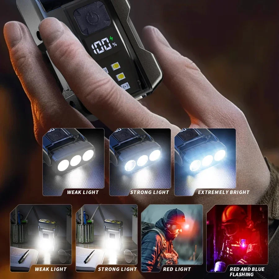 Portable Mini LED Flashlights USB Rechargeable EDC Flashlight with Battery Display Magnetic Working Light 7 Modes Fishing Torch