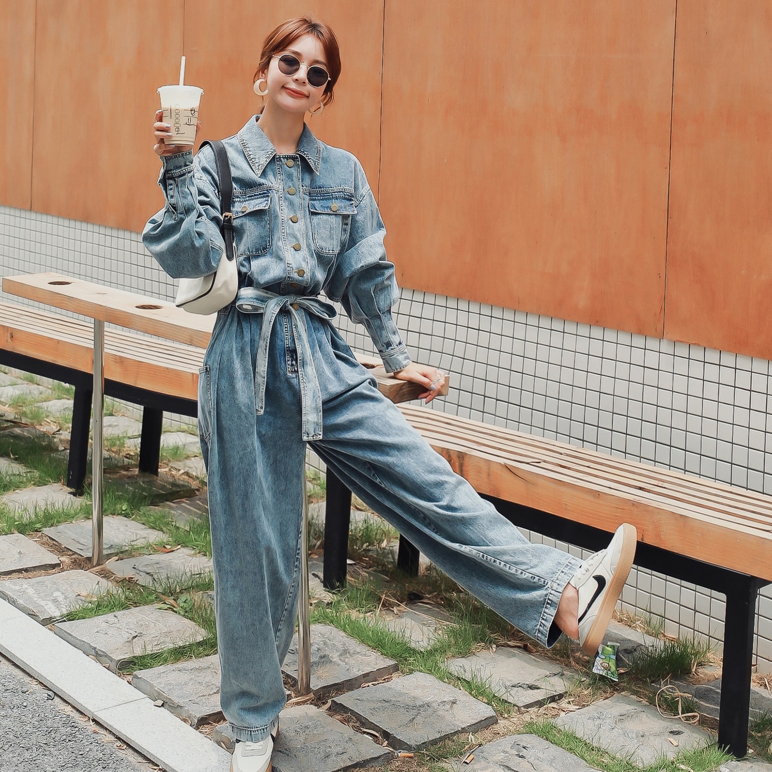 Kvinder lange ærmer brede ben jeans bandage denim jumpsuit kvindelige streetwear hip hop løs afslappet harem one piece bukser overalls