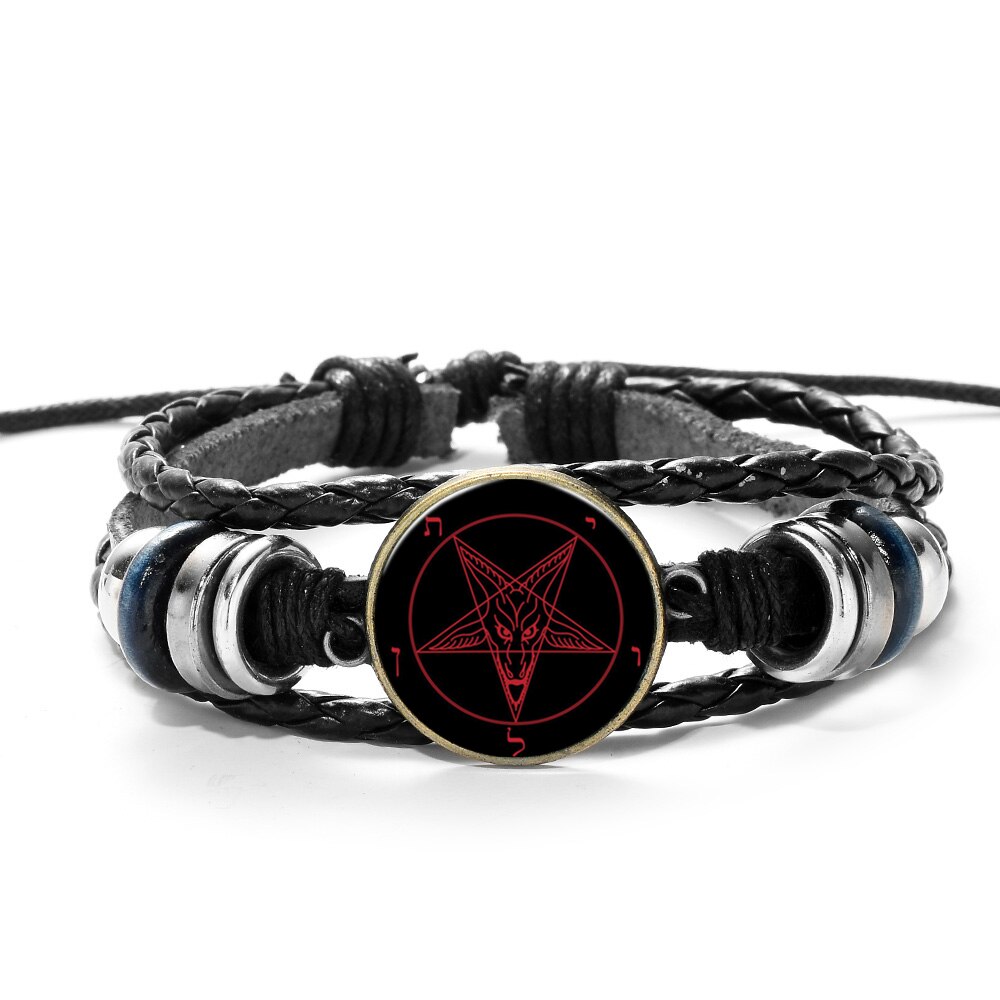 Red Goat Head Braided Bracelet Men Retro Bronze Pentagram Pattern Leather Bracelets Bangle Satanism Gothic Style