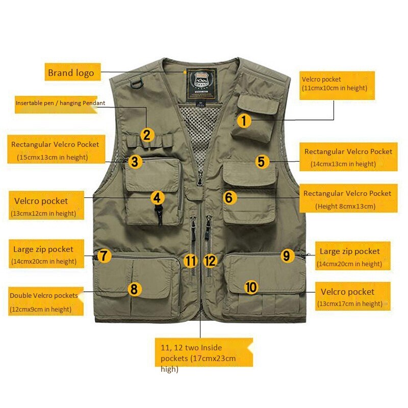 Chaleco de pesca multifunción de secado rápido para hombre, chaqueta suelta de malla para exteriores, multibolsillos, abrigo de cintura de pescador para fotografía, color caqui M