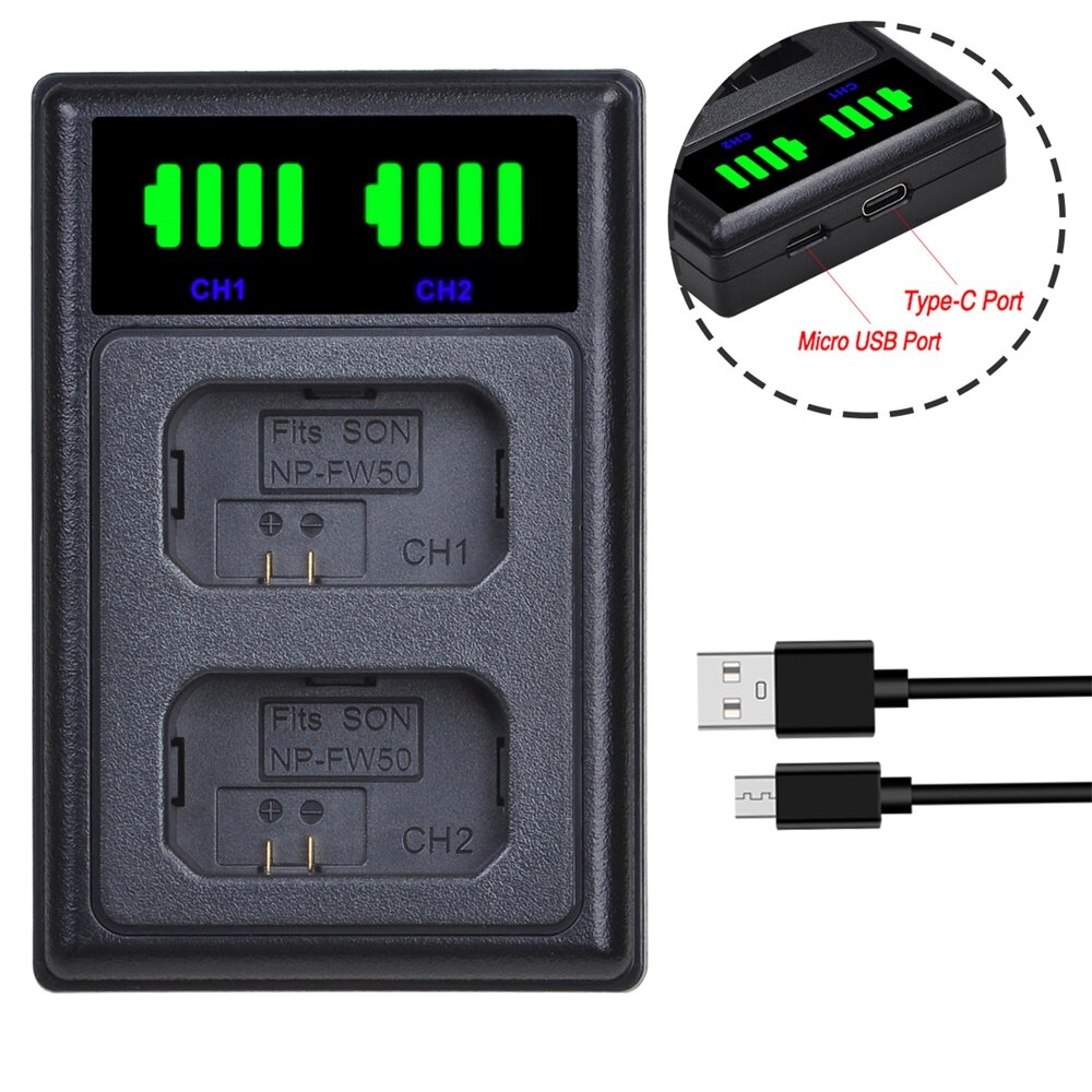 2160Mah NP-FW50 Np FW50 NPFW50 Batterij Voor Sony Alpha A7 A7II A7R A7RII Alpha A6000 A6300 A6400 Met Led dual Charger: 1 charger