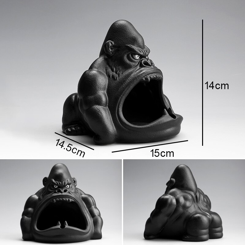 Cute Cartoon Small Animal Ashtray Gorilla Anti-Fly Ash Ceramic Household Living Room Car Ashtray: M-Black