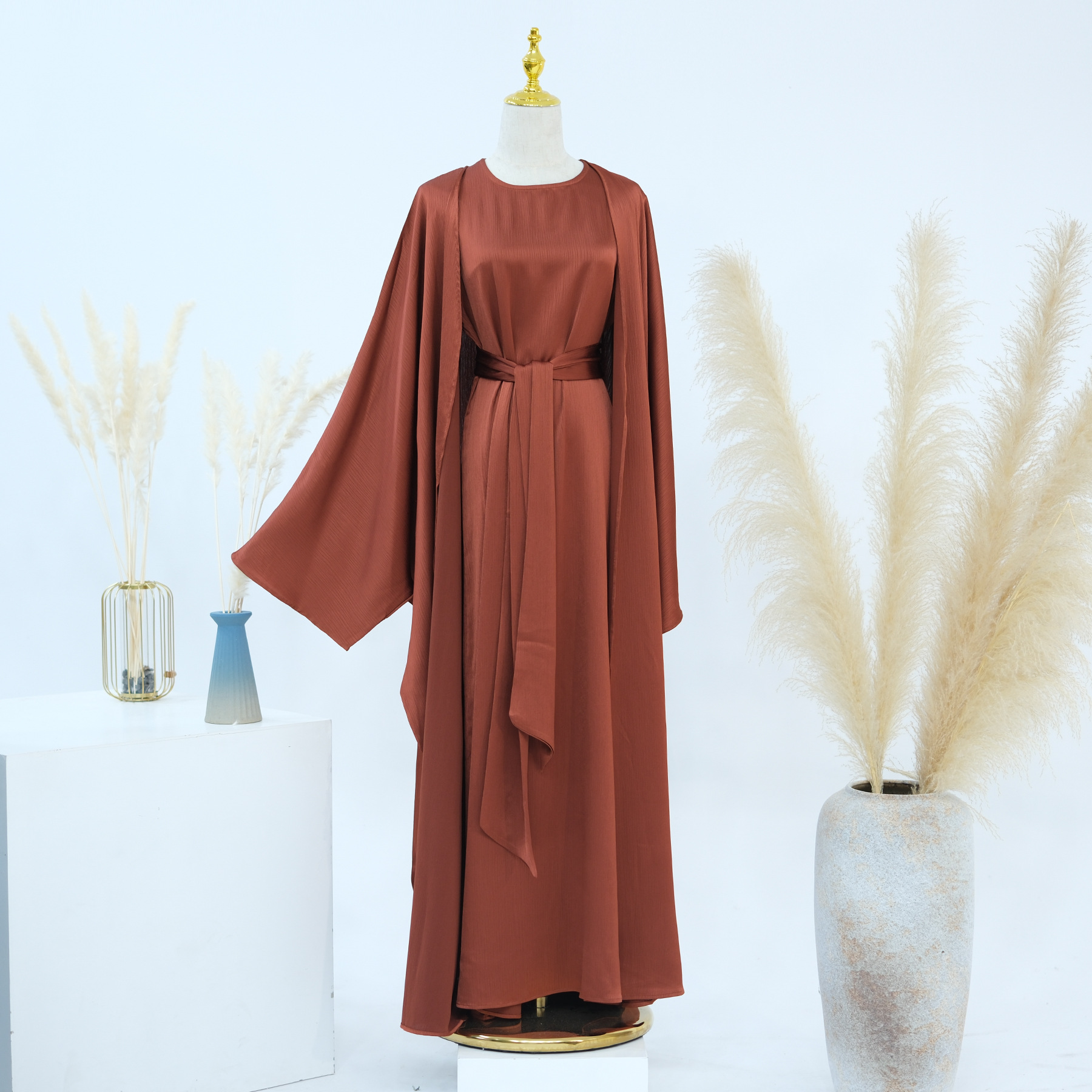 Ramadan dubai cetim liso 2 peças conjunto abaya roupas de oração feminino modesto conjuntos muçulmanos caftan marocain robe femme musulmane kaftan: XL / green
