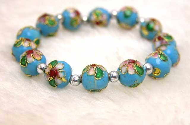 Cloisonne cielo-azul redondo 10mm cuentas y cuentas de plata tibetana pulsera-bra126 /al por menor