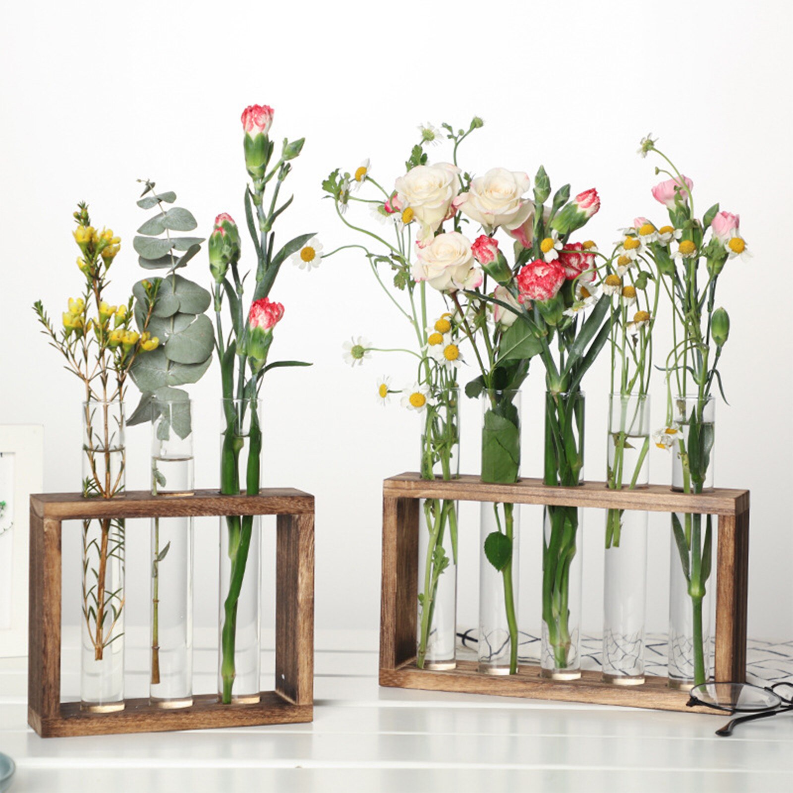 Contenedor de plantas hidropónicas con marco de madera, florero de tubo de ensayo de vidrio transparente para decoración del hogar,
