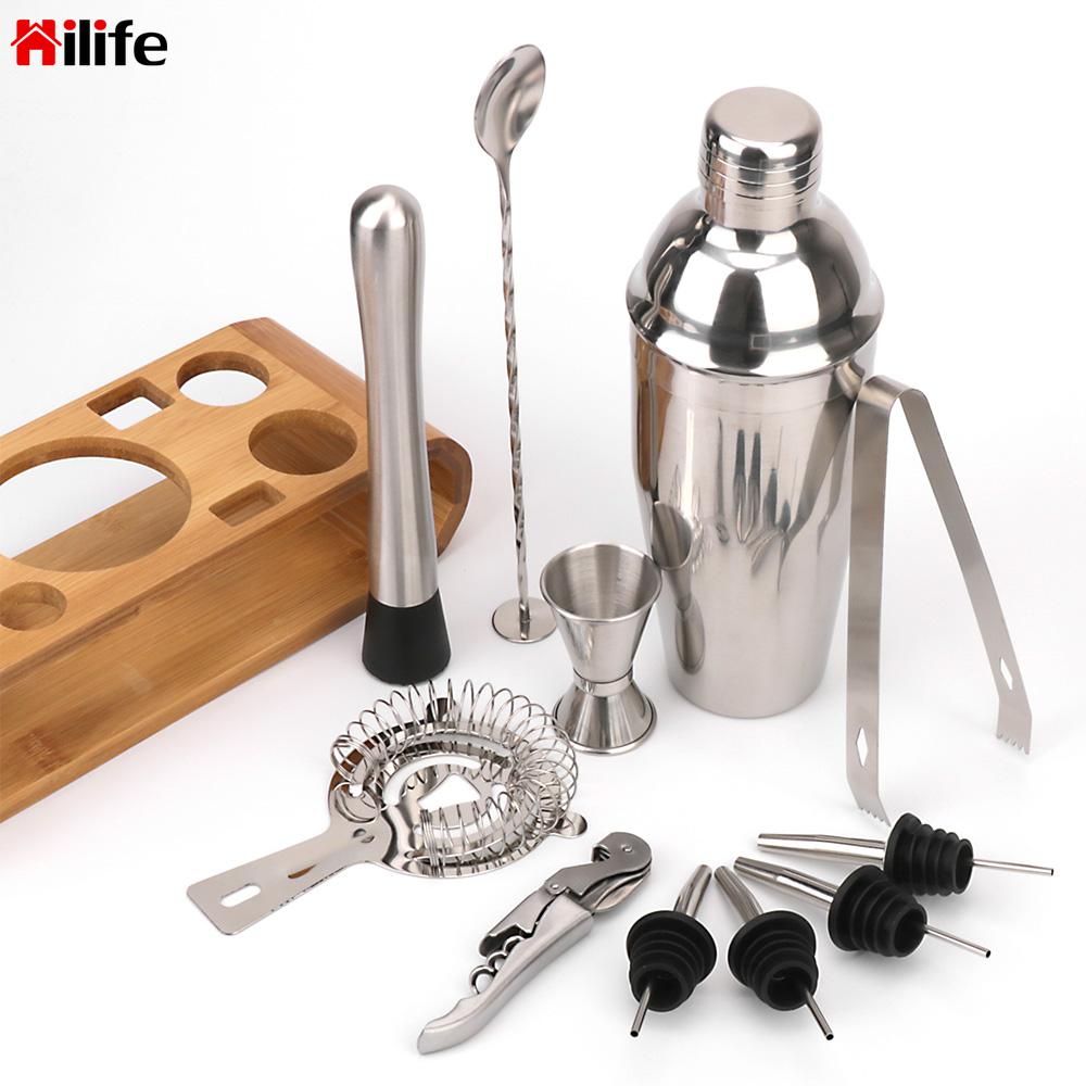 Mocktail Tools Cocktail Shaker Set Stainless Steel Bartender Tools Jigger Mixing Spoon Tong Wood Storage Stand Bars Mixed Drinks