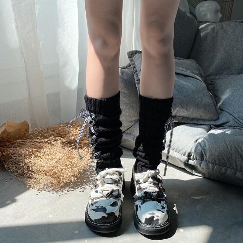 Scaldamuscoli autunnali da donna, calzini alti lavorati a maglia elasticizzati senza piede con fasciatura tinta unita per ragazze, bianco/nero