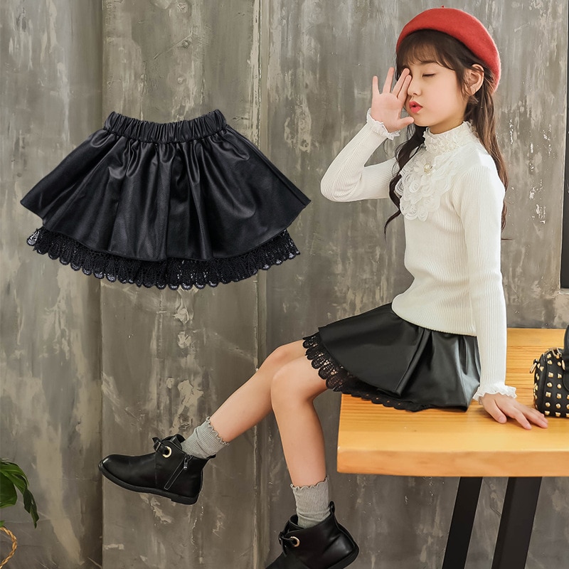 Children's PU Leather Skirt Autumn Winter Toddler Clothing Kid Faux Leather Mini Skirts Baby Princess Lace Clothes for 3-13Years