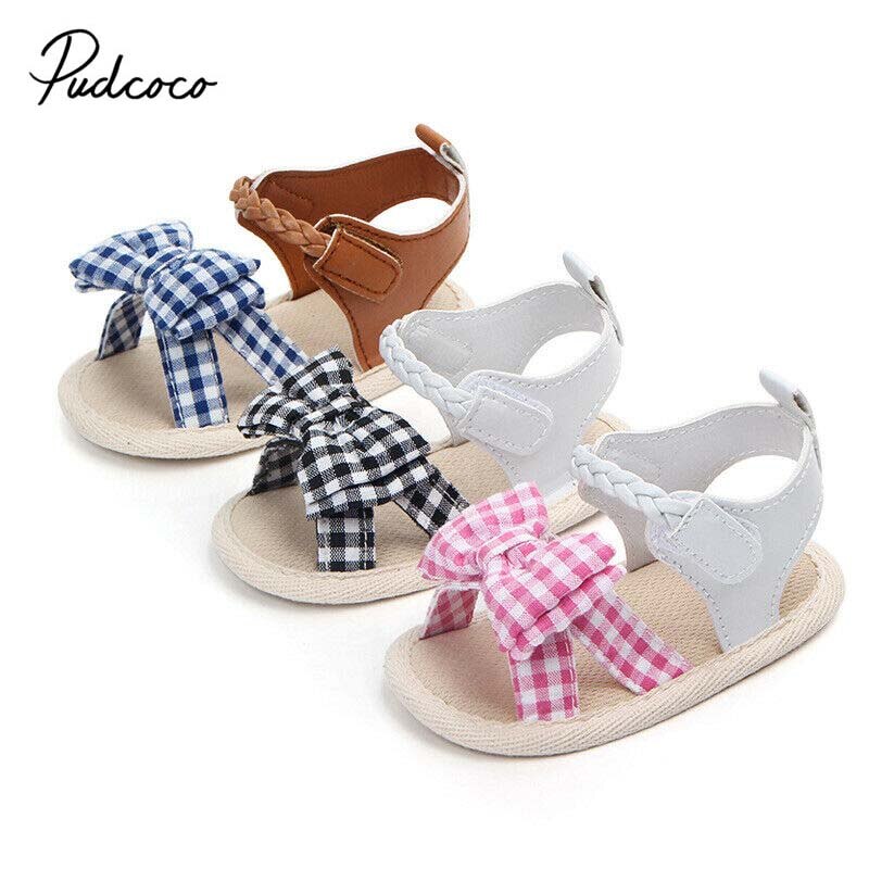 Brand Newborn Baby Sandals Princess Shoes Girls Summer Soft Plaid Bow Sole Sandal Bowknot Sandals Baby Shoes 0-18M