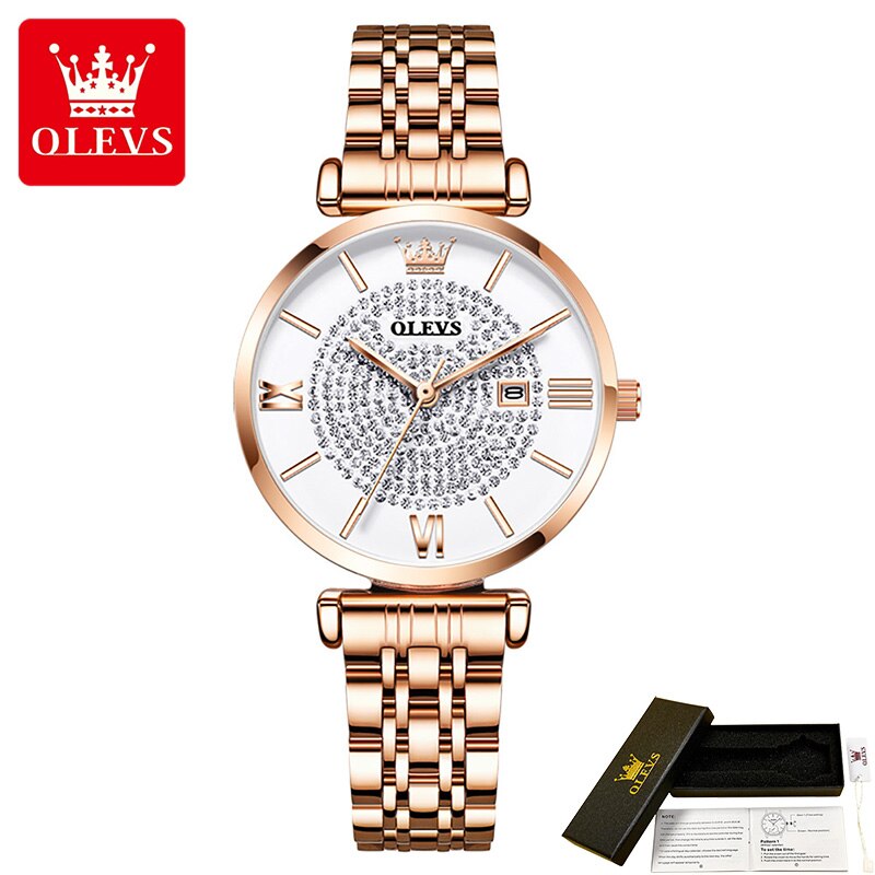 Olevs Gypsophila Quartz Vrouwen Horloges Roestvrij Stalen Band Waterdicht Horloges Voor Vrouwen Kalender: NO.1