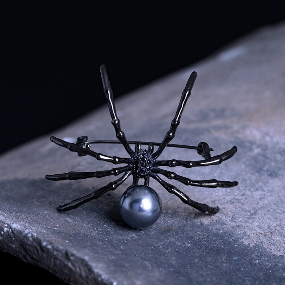 925 Sterling Silver Black Rhinestone Arachnid Spider Brooch Jewerly Clothes Decoration Shell Pearl Brooch Coat Cardigan Findings