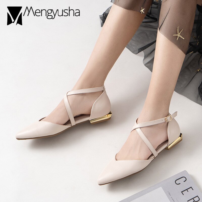 cross narrow band flat shoes woman pointed toe D'orsay ballet flats 34-43 big size OL working shoes woman metal heel mules